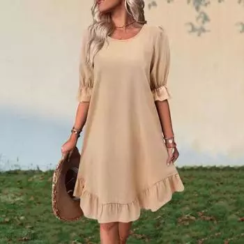 Yousheng летнее женское платье со средними рукавами, однотонное, свободное, А-силуэт, с большими оборками, в стиле пэчворк, с круглым вырезом, пуловер длиной до колена, платье-миди M хаки