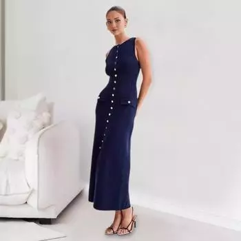 Yousheng Летнее женское платье Трикотажное платье-футляр Slim Fit Сплошной цвет с круглым вырезом Эластичное однобортное платье без рукавов на пуговицах длиной до середины икры L абрикосовый