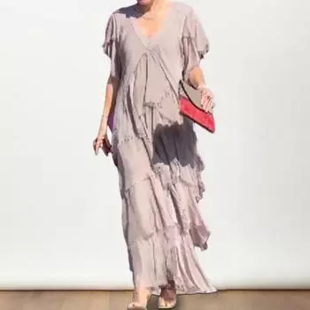 Yousheng Летнее женское вечернее платье с V-образным вырезом и блестками в стиле пэчворк, рваное, разбросанное, многослойное, сплошной цвет, с короткими рукавами, свободное платье макси для выпускного вечера XL зелёный