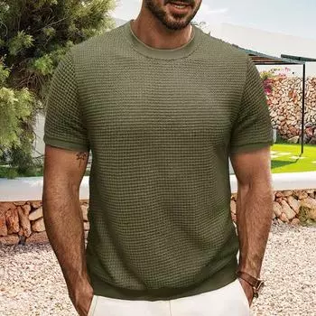 Yousheng летние мужские топы трикотажные с круглым вырезом и короткими рукавами однотонные ребристые эластичные футболки облегающий пуловер повседневная повседневная одежда S армия зеленый
