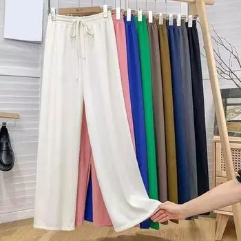 Yousheng, летние повседневные брюки, эластичные длинные брюки с высокой талией и регулируемым шнурком, однотонные плиссированные прямые широкие брюки хаки