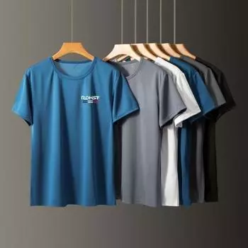 Yousheng Летний мужской топ из ледяного шелка Быстросохнущий с короткими рукавами и круглым вырезом Свободный однотонный тонкий дышащий эластичный повседневный пуловер Повседневный спортивный топ L чёрный