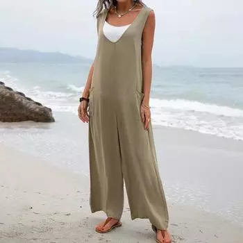 Yousheng Летний женский комбинезон с V-образным вырезом, широкими штанинами, глубоким шаговым швом, без рукавов, свободный однотонный пуловер с боковыми карманами, повседневный комбинезон полной длины M хаки