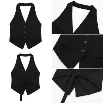 Yousheng Летний женский жилет с бретелькой на шее без рукавов однобортный однобортный кардиган с карманами чистого цвета OL деловой стиль деловой жилет S белый