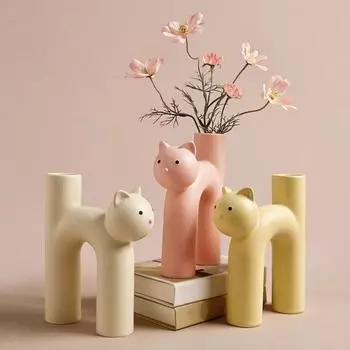 Yousheng Letter Cat Vase Смола Котенок Цветочная ваза для домашнего декора Настольный держатель для цветов для гостиной Обеденный стол Цветочная композиция D