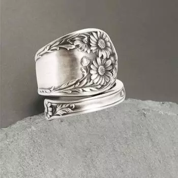 Yousheng Ложка подсолнуха Регулируемое кольцо Boho Винтажное кольцо на палец Выдвижная лента для женщин и мужчин ювелирные изделия античный серебряного