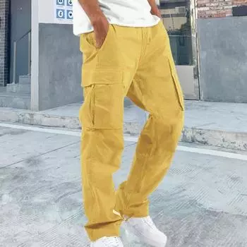 Yousheng Men Cargo Pants Multi Pockets Drawstring Elastic Waist Adjustable Leg Plus Size Loose Solid Color Gym Outdoor Long Harem Trousers M арбуз красный