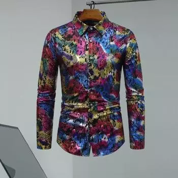 Yousheng Men Club Shirt Snake Skin Printing Turn-down Collar Slim Fit Button-down Long Sleeve Party Shirt Nightclub Performance Clothes S