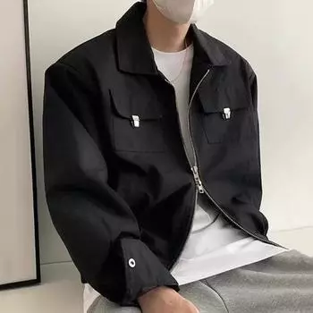 Yousheng Men Coat with Chest Pockets Double Zipper Lapels Long Sleeves Solid Color Jacket Coat Solid Color Loose Fit Cargo Jacket M хаки