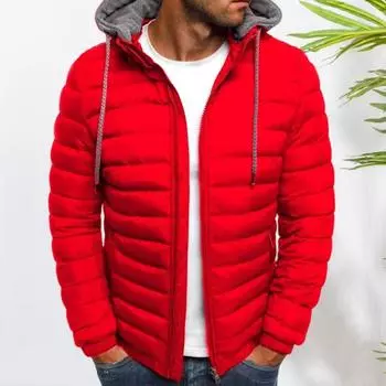 Yousheng Men Cotton Coat Hooded Drawstring Zipper Closure Solid Color Winter Jacket with Pockets Winter Lightweight Outwear M синий