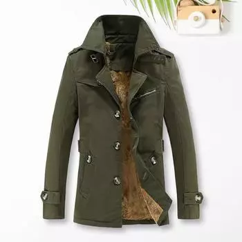 Yousheng Men Cotton Jacket Button Closure Solid Color Autumn Coat with Pockets Thickened Velvet Lining Casual Windbreaker 2XL армия зеленый