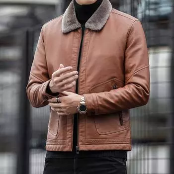 Yousheng Men Imitation Leather Jacket with Velvet Lining Lapel Long Sleeve Zipper Placket Solid Color Autumn Winter Coat L чёрный