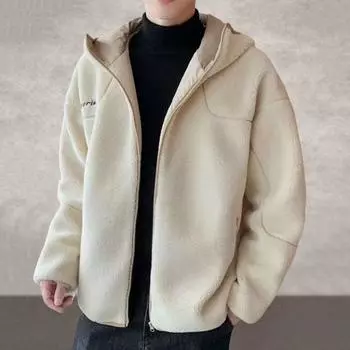 Yousheng Men Jacket Coat Hooded Long Sleeve Embroidery Letter Print Solid Color Coat Zipper Placket Thick Fleece Warm Winter Outwear 2XL чёрный