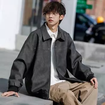 Yousheng Men Jacket Coat Lapel Long Sleeve Solid Color Coat with Pockets Loose Fit Full Zipper Closure Versatile Outwear M чёрный