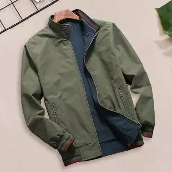 Yousheng Men Jacket Elastic Cuffs Stand Collar Long Sleeve Patchwork Color Reversible Jacket Coat with Pockets Casual Outwear M зелёный