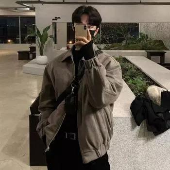 Yousheng Men Jacket Lapel Long Sleeve Zipper Closure Jacket Coat with Pockets Solid Color Loose Fit Casual Outwear M серый