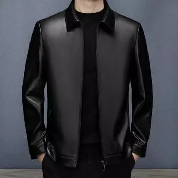 Yousheng Men Jacket Lapel Long Sleeve Zipper Placket Regular Fit Coat Solid Color Short Style Faux Leather Jacket Casual Street Outwear M чёрный