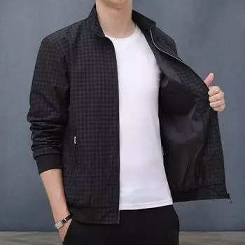 Yousheng Men Jacket Lapel Long Sleeve Zipper Placket Jacket Coat with Pockets Plaid Print Loose Fit Casual Outwear M серый