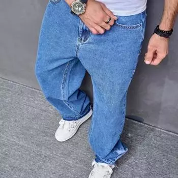 Yousheng Men Jeans Mid-rise Straight Wide Leg Blue Denim Pants with Pockets Solid Color High Street Style Casual Long Pants 32