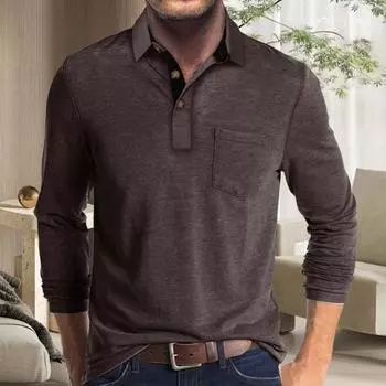 Yousheng Men Spring Fall Shirt Buttoned Turn-down Collar Long Sleeves Mid Length Top Contrast Color Pullover Business Daily Wear Top S хаки