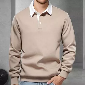 Yousheng Men Spring Fall Top Turn-down Collar Loose Pure Color Long Sleeves Buttoned Pullover Casual Daily Wear Commuting Sweatshirt S коричневый