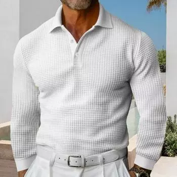 Yousheng Men Spring Fall Top Turn-down Collar Buttons Waffle Texture Long Sleeves Solid Color Slim Fit Shirt Pullover Daily Wear Dating Clothes M светло-серый