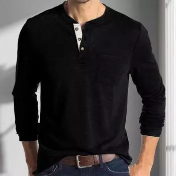 Yousheng Men Spring Top with Chest Pocket Buttoned O Neck Slim Fit Long Sleeve Bottoming Clothes Solid Color Stretchy Pullover T-shirt M темно-серого