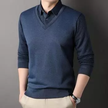 Yousheng Men Sweater Fake Two-piece Shirt And Sweater Slicing Formal Business Style Turn-down Collar Long Sleeves Striped Office Autumn Spring Top XL верблюд