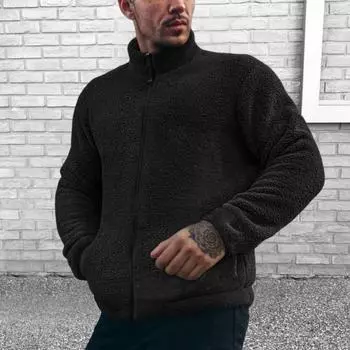 Yousheng Men Winter Coat Stand Collar Long Sleeve Solid Color Thickened Plush Jacket with Pockets Zipper Closure Outwear M хаки