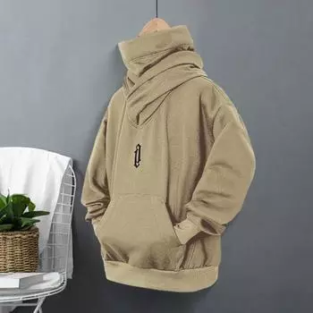 Yousheng Men Winter Hoodie High Collar Neck Protection Hooded Pullover Long Sleeves with Big Pocket Elastic Cuffs And Hem Loose Daily Sport Top M