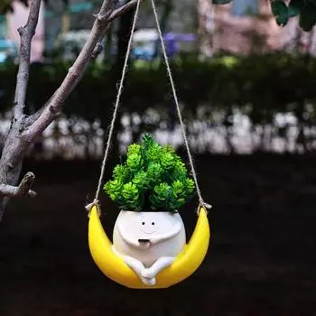 Yousheng Moon Swing Planter смоляной подвесной цветочный горшок с головой в виде лица, желтый лунный цветочный горшок с дренажным отверстием для суккулентных комнатных и уличных растений жёлтый