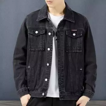 Yousheng Мужская джинсовая куртка с лацканами, длинными рукавами, карманами-клапанами, однотонное пальто с застежкой на пуговицы, повседневная джинсовая верхняя одежда, повседневная одежда M серый