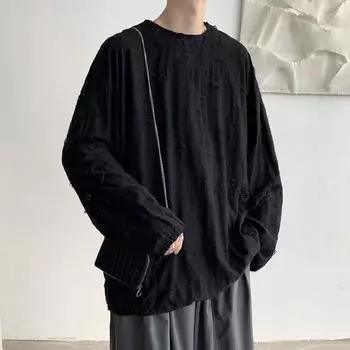 Yousheng Мужская футболка с круглым вырезом и длинным рукавом, рваные отверстия, однотонный джемпер, уличный стиль, базовый слой, топы, уличная одежда M чёрный