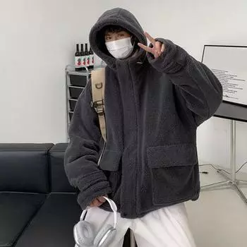 Yousheng Мужская куртка с капюшоном и длинными рукавами с большими карманами, пальто из искусственной овечьей шерсти, осень-зима, свободная верхняя одежда 2XL темно-серого