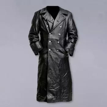 Yousheng Мужская куртка с лацканами, длинный рукав, двубортная куртка из искусственной кожи с карманами, однотонная верхняя одежда средней длины M чёрный