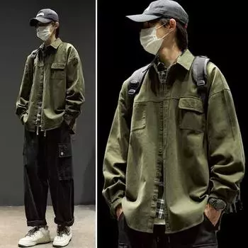 Yousheng Мужская куртка с лацканами, длинными рукавами, карманами-клапанами, однотонное пальто свободного кроя, планка с пуговицами, повседневная верхняя одежда для карго XL хаки