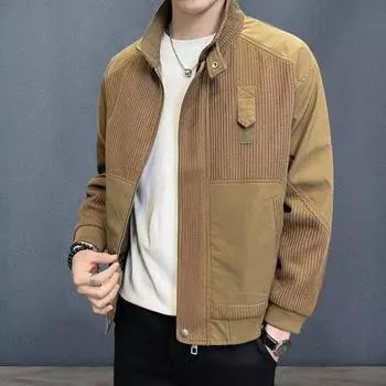 Yousheng Мужская куртка с воротником-стойкой, длинным рукавом, застежкой-молнией, куртка, пальто, однотонная вельветовая куртка в стиле ретро, короткая ветровка M хаки
