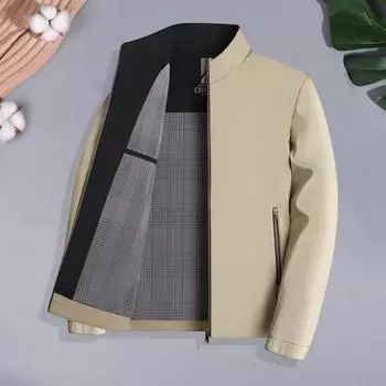 Yousheng Мужская куртка с воротником-стойкой, длинным рукавом, однотонная клетчатая подкладка, куртка, пальто, карманы, застежка-молния, повседневная верхняя одежда M хаки