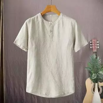 Yousheng Мужская летняя рубашка с воротником-стойкой, тонкая свободная, с короткими рукавами, однотонная, на пуговицах, средней длины, повседневная футболка для школы, офиса, улицы M чёрный