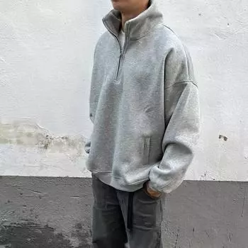 Yousheng Мужская осенне-зимняя толстовка с полумолнией и воротником-стойкой, однотонный свободный пуловер с длинными рукавами, повседневный уличный топ M чёрный