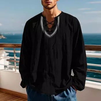 Yousheng Мужская повседневная рубашка со шнуровкой и V-образным вырезом, свободная посадка, длинные рукава, винтажная этническая рубашка в стиле бохо, весна-осень, дышащая хлопковая мужская толстовка, топ M темно-синий