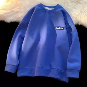 Yousheng Мужская повседневная толстовка с круглым вырезом и надписью «Tag Decor» Чистый цвет, свободный спортивный топ в уличном стиле с вафельной текстурой, длинные рукава, школьный рабочий топ XXL чёрный