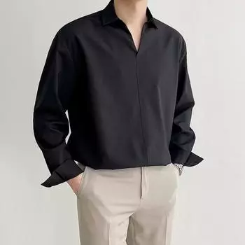 Yousheng Мужская рубашка весна-осень с V-образным вырезом и лацканами, официальная офисная рубашка, шелковистый свободный прямой пуловер, топ для деловых встреч и вечеринок XL чёрный