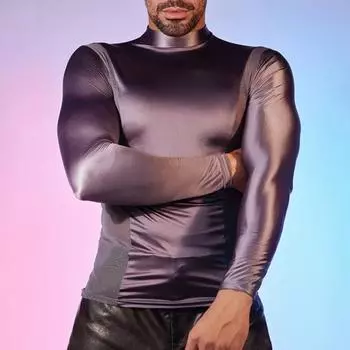 Yousheng Мужская сексуальная сетчатая футболка, масляный глянцевый блестящий топ, облегающий топ в стиле пэчворк, дышащая рубашка с длинным рукавом, эластичная обтягивающая куртка для повседневной вечеринки в клубе