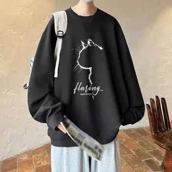 Yousheng Мужская свободная толстовка в стиле хип-хоп с принтом профиля кошки и круглым вырезом, свободный однотонный толстый плюшевый свитер средней длины, повседневный спортивный уличный топ L белый