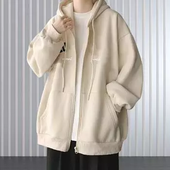 Yousheng Мужская толстовка с капюшоном и принтом в виде букв, свободный кардиган на молнии с завязками на шнурке, верхняя одежда с карманами, спортивная куртка средней длины M светло-серый