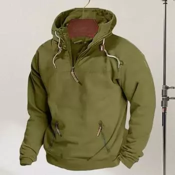 Yousheng Мужская толстовка с капюшоном на осень-зиму с карманом, застежкой-молнией на половину длины, с капюшоном в винтажном стиле, с длинными рукавами, однотонная, средней длины, свободная, повседневная S армия зеленый
