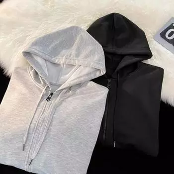 Yousheng Мужская толстовка с капюшоном на шнурке, свободный кардиган на молнии с капюшоном, верхняя одежда с карманами, спортивная куртка средней длины в американском стиле больших размеров M чёрный