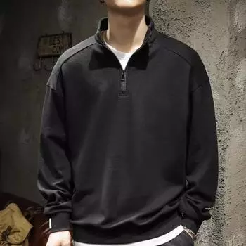 Yousheng Мужская толстовка с застежкой-молнией на половину длины, эластичные манжеты, длинные рукава, воротник-стойка, свободная однотонная повседневная одежда для школы, топ средней длины M чёрный