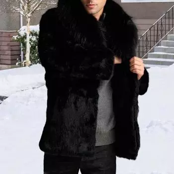 Yousheng Мужская верхняя одежда из искусственного меха, однотонная флисовая куртка с меховым воротником и лацканами, утолщенное ветрозащитное зимнее пальто S чёрный
